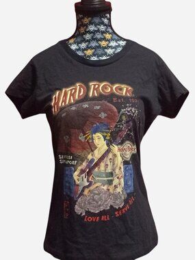 Hard Rock Cafe Singapore black tee with mesh flower design on the upper back